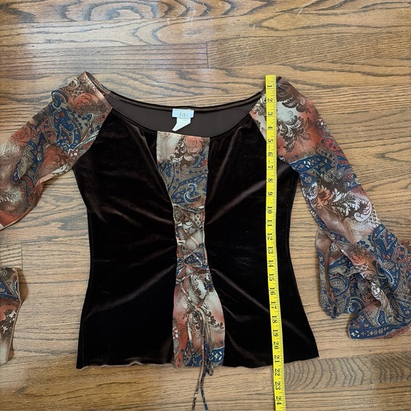 F&X USA Vintage Y2K Mesh Sleeve Top Fairycore Grunge Paisley Corset Lace Up - Picture 7 of 8